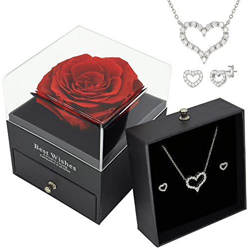 LIHELEI Konservierte Rose GeschenkBox mit Herz Halskette Ohrringe, Echte Rose Blume Geschenke für Sie Frauen Freundin Ehefrauen Mama am Valentinstag Muttertag Geburtstag-Rot