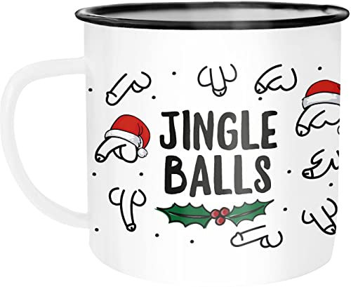 Moonworks® Emaille-Tasse Jingle Balls Penis Muster Weihnachten Pimmel mit Weihnachtsmütze Bürotasse lustige Geschenke emaille-weiß-schwarz standard