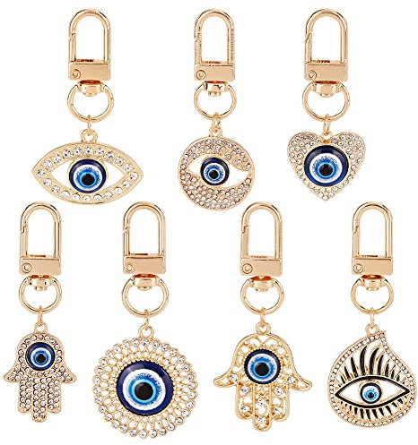 Nbeads Evil Eye Schlüsselanhänger - 7 Stück Herz Auge Geldbörse Zubehör mit Hamsa Hand Charm, Legierung Strass Anhänger Stichmarker für Geschenke