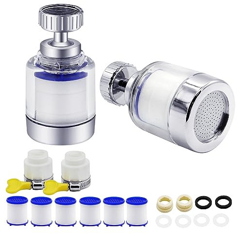 Iceten 2 Pack Tap Water Filter, 360°Rotating Activated Carbon water filter tap Removes Chlorine Fluoride Heavy Metals for Kitchen Bathroom Sink(with 6 pcs Replacement Filter Cartridge)