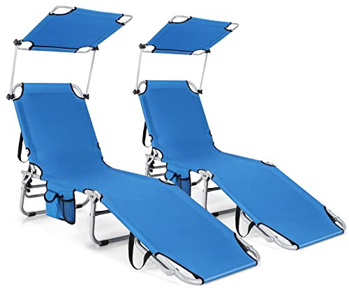 COSTWAY Tumbona Plegable con Parasol, 5 Posiciones de Respaldo Ajustables, Tumbonas Jardin Exterior con Bolsillo de Almacenamiento Lateral, Tumbona Reclinable Piscina, Playa, Patio, 150kg (Azul 2)