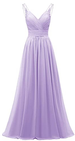 Chiffon-Tüll-Perlen-Träger, Brautjungfernkleid, schulterfrei, V-Ausschnitt, plissiert, formelles Abendkleid für Damen, Flieder, 38