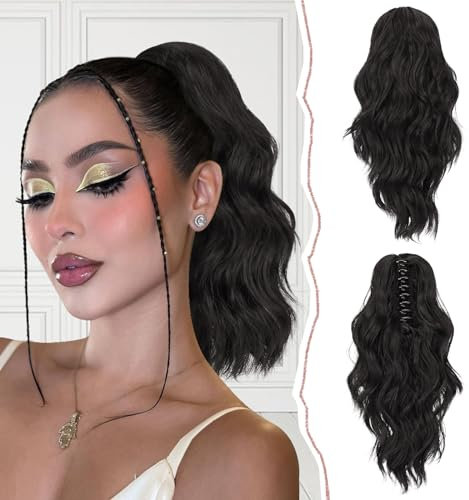 Sofeiyan Pferdeschwanz Verlängerung Clip in Klaue Haarteil Ponytail Haarverlängerung Langer Gewellt lockiger Pferdeschwanz mit Klammer Haarverlängerung Kunsthaare Hitzebeständig für Frauen, Schwarz