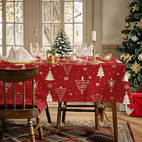 AIBIIN Rot Tischdecke für Weihnachten Party Weihnachtsbaum Muster Rechteckige Tischdecke Esstisch Tischdecke 132x182cm