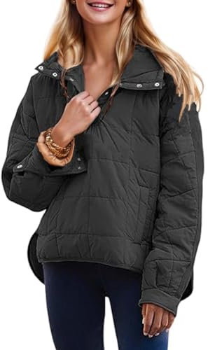 QIBABU Damen Übergroße Pufferjacke mit Kapuze, leicht, gesteppt, Dolman, lange Ärmel, warmer Wintermantel, Schwarz, XL