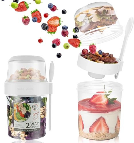 ERBO Müslibecher to go, Joghurtbecher to go Salatbecher mit Löffel und Dressing Behälter, Auslaufsicherer Müsli to go Becher, Porridge to go, BPA Frei, Müslibecher für Unterwegs (560ml+310ml)