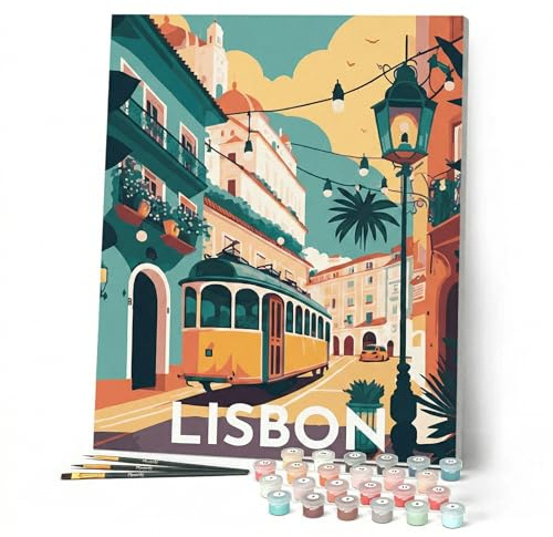 Figured'Art Peinture par Numéro Adulte avec Cadre - 40x50cm Toile tendue sur Châssis - Kit Loisir Créatif Détente - Déco DIY - Vintage Lisbonne