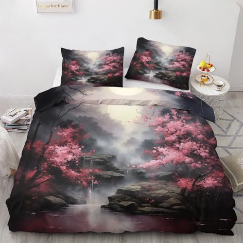 YELDAN Bettwäsche 135x200 Japanische Sakura, Asiatische Bettbezug, Bettwäsche-Sets 2 teilig, Weich & Bügelfrei Mikrofaser Wendebettwäsche und 1 Kissenbezug 80x80 mit Umschlag