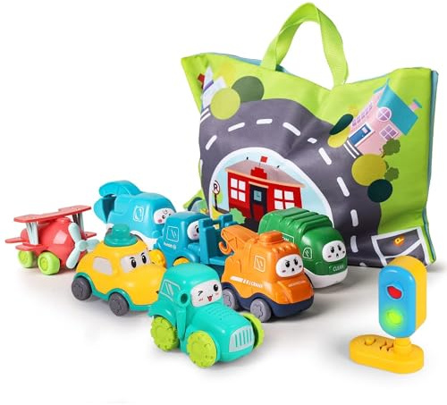 lerrbo 7 Vehicles with Kräne, Map and Blue Traffic Light &Aufbewahrungstasche|Babyspielzeug für 1 jährige Jungen|1 jähriger Junge Geburtstagsgeschenk für erste Geburtstagsgeschenke