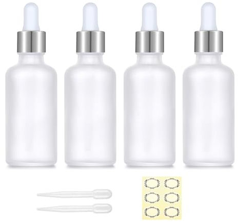 Apstaqeoo 4PCS 50ML Frosted Clear Glass Dropper Bottles - Empty with Pipette, Refillable Sample, Tincture, Essential Oil, Aromatherapy, Perfume, Laboratory Bottles with Silver Cap