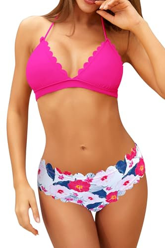 SHEKINI Bikini da donna a triangolo, set da bagno ondulato, con motivo floreale, costume da bagno estivo, in due pezzi, per donne con allacciatura al collo, con lacci, Rosa fluorescente, M