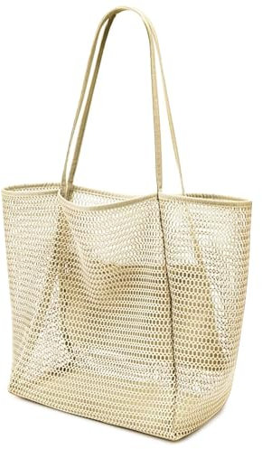 Bekeify Bolso de Playa de Malla para Mujer, Bolso de Hombro con Bolsa Interior con Cremallera, Grande Bolsa de Compra Familiar Plegable, para Playa, Viaje, Piscina