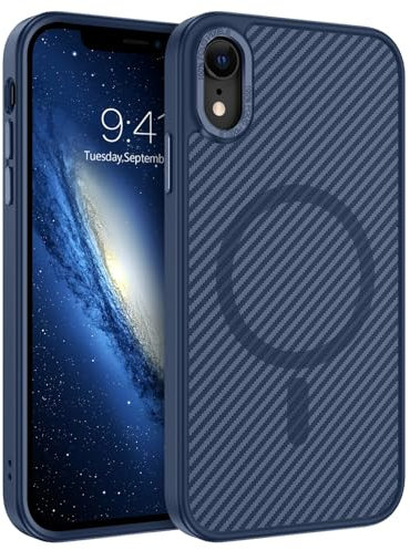 DOMAVER Case for iPhone XR,Magnetic [Compatible with Mag Safe] Carbon Fiber Metal Lens Frame+Buttons Support Wireless Charging Men Women Slim Shockproof Protective Phone XR Cover 6.1 Inch,Blue