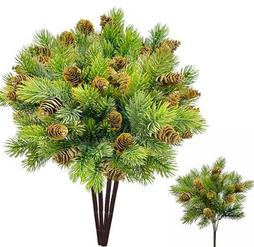 SNAIL GARDEN 4 mazzi di rami di pino artificiali con abbondanti pigne, grandi rami di pino natalizio, lussureggianti e pieghevoli in finto pino con pigne per fai da te, Natale e decorazione della casa