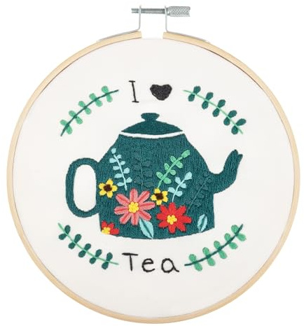 Trimits Embroidery Kits - 15cm 6 Embroidery Beginners Kit, Cross Stitch Kits for Adults, Starter Set with Bamboo Hoop, Fabric, Threads, Needle & Backing - I Love Tea
