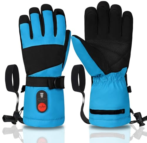 Gants chauffants pour enfants, gants d'hiver à 3 réglages de chaleur, batteries rechargeables, gants de ski résistants à l'eau et coupe-vent avec poignée, parfaits pour le ski, les combats de boules