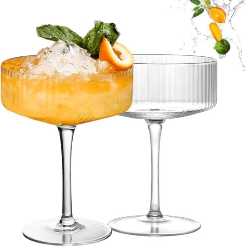 Lot de 2 verres à cocktail nervurés de 283,5 g, ensemble de verres à martini classiques, verres à martini, verres à cocktail classiques, parfaits pour cocktail, vin, bar et cadeau