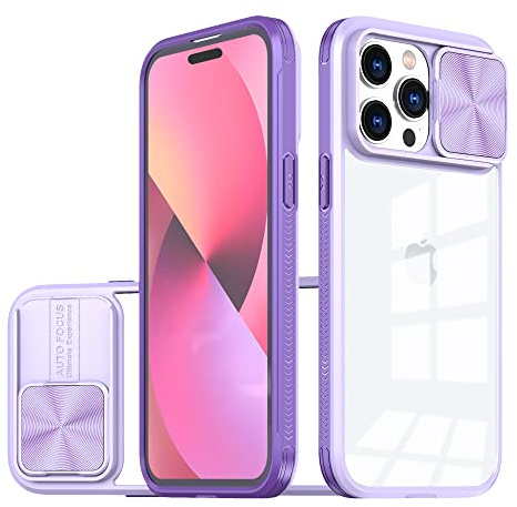 Dqtaoply for iPhone 15 Pro Max Case, Slide Camera Cover Clear Back + TPU Silicone Bumper Heavy Duty Drop-Protection Phone Case for iPhone 15 Pro Max - Purple