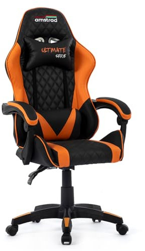 Amstrad Ultimate-Orange Fauteuil/Chaise de Bureau Gamer Coloris Noir & Orange - Coussin Lombaire & appuie tête
