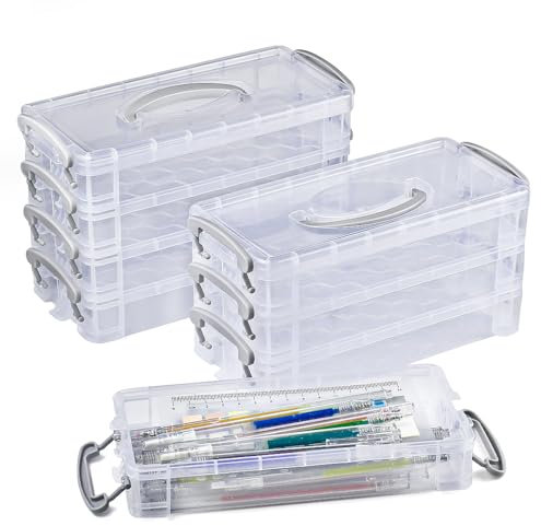 EUIEUT Pen Storage Organiser with Lids, 2 Pcs x 4 Tier Clear Plastic Craft Storage Box, Portable Pencil Case, Multipurpose Compartment Storage Boxes for Art Supply, Pencil, Drawing Tools, Small Parts