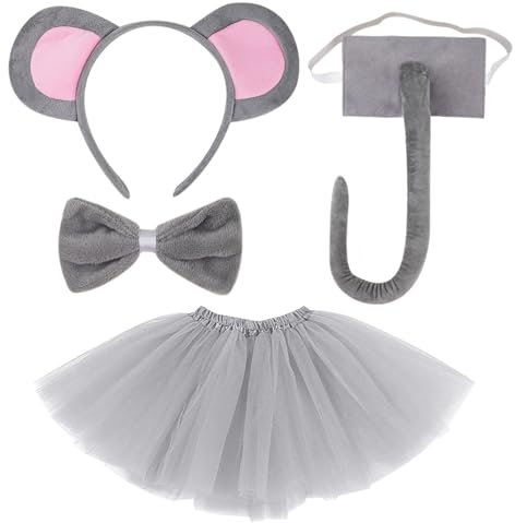 TUONYIS Bandeau Oreilles de Souris, avec Cravate de Souris Queue Souris Jupe Tutu Costume d'animal de Souris Coiffe pour Enfants Déguisement Animal Cosplay pour Costume d'Halloween. (gris)
