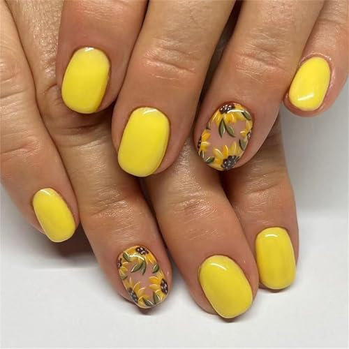 24 Pcs Flowers Stick On Nails Yellow Artificial Nails Short Square False Nails Glossy Press On Nails For Woman And Girls