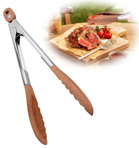 Pince à barbecue en bois et acier inoxydable de qualité supérieure - 30 cm - Avec pointes en bois massif - Pour cuisiner, griller et servir