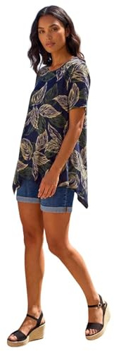 Roman Originals Women Asymmetric Top Ladies Hanky Hem Blouse Stretchy Tunic Occasion Smart Casual Summer Sprint Winter Autumn Cocktail Party Evening 3/4 Short Sleeve - Navy Multi Leaf - Size 12