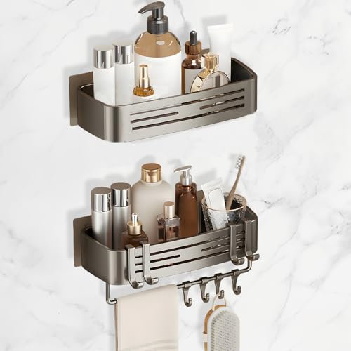 suufrue Duschablage Ohne Bohren, 2 Stück Badezimmer Organizer mit 8 Haken und Handtuchhalter, Starke Tragfähigkeit Weltraum-Aluminium-Rostschutz Shampoo Halterung für Dusche