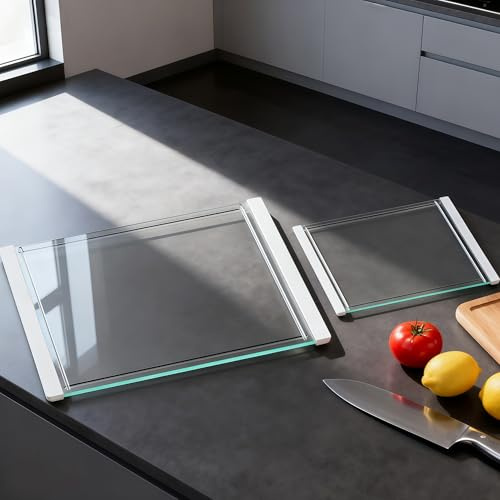 GlassCuisine White Toughened Glass Chopping Board Set of 2, Heat Resistant & Durable Worktop Saver & Serving Platter, Non-Slip Silicone Edges, Juice Grooves, 40x30cm & 30x20cm, Dishwasher Safe