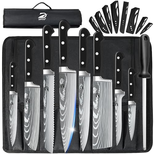 Dfito Chef Knife Sets with Roll Bag, 9 Pieces Professional Knife Set | High Carbon Stainless Steel Kitchen Chef Knife Set, ABS Handle, Dishwasher Safe