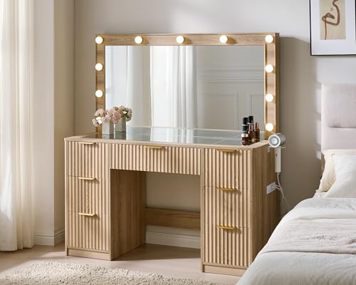 AMERLIFE 47.2 Fluted Vanity Desk with Large Mirror and Lights, Natural Oak | 7 Drawers Large Wood Makeup Vanity Table with Glass Top and Charging Station for Women and Girls, Bedroom or Dorm