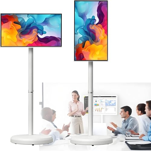 HajMyrdonyx Portable Smart TV with Touchscreen Display, Smart Touchscreen Monitor Rolling TV on Wheels, Wireless Portable TV on Wheels with Voice Control Android OS 8G RAM+128G Storage 27inches