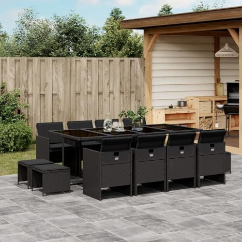 Tonture 13-TLG. Garten-Essgruppe Schwarz Poly Rattan mit Klappstühlen, Glastisch, Hockern & Kissen, UV-beständig für Terrasse, Balkon, Außenbereich, 110 kg Traglast