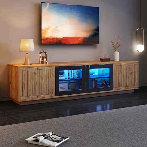 BTM 180x40x45cm TV-Schrank,Lowboard Wohnzimmerschrank,Lange 180cm, für Fernseher bis zu 75 Zoll, bis 30 kg belastbar,Standfernseher mit Zwei Schränken und LED.Naturholzfarbe + Schwarz, Glas