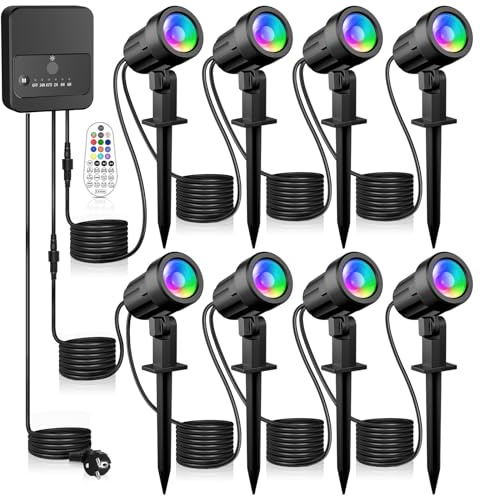 Linke LED-Gartenbeleuchtung RGB 8er-Set mit Fernbedienung | 10 Farben, 30 Dynamik Modi, 2 Helligkeiten, IP66 wasserdicht, Speicherfunktion, Timer, 23m Kabel, Dämmerungssensor
