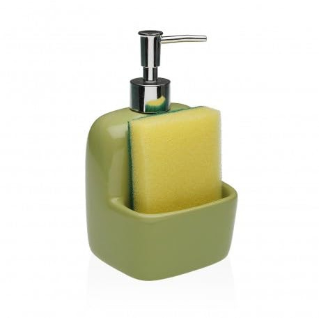 Liquid Soap Dispenser in Polished Ceramic with Sponge Holder Compartment and Chrome Pump - Modern Dispenser for Bathroom and Kitchen, Also Ideal for Dish Washing Detergent (Green)