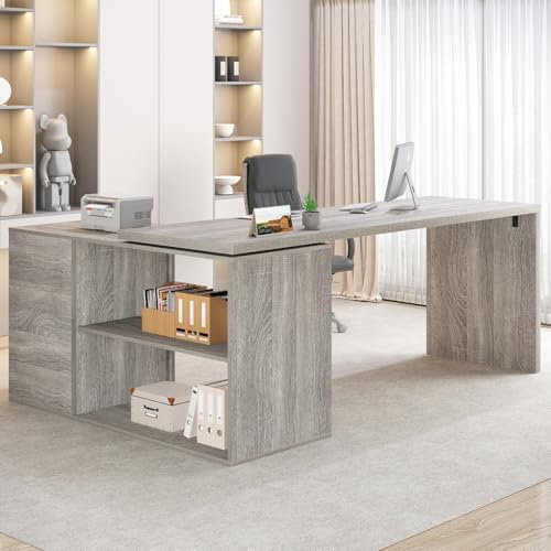 HSH L Shaped Computer Desk with 3 Drawers, Reversible Home Office Corner Desk for Writing Study Work Executive, 152cm Bedroom Wood Table Workstation Corner Desk with Storage Cabinet,Grey