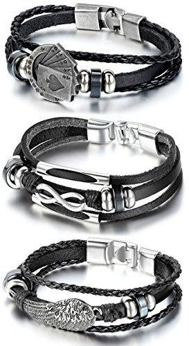 Cupimatch 3PCS Herren Damen Retro Armband, geflochten Punk Rock Infinity Royal Flush Poker Karte Angel Wings Manschette Kordelkette Armband Set, Leder Legierung, schwarz