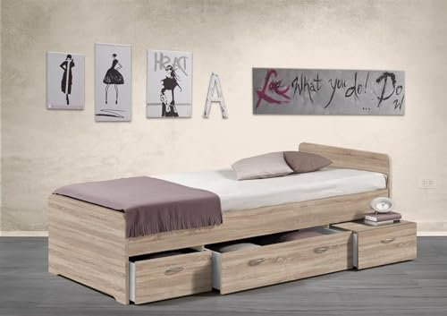 möbelando Bradford Modernes Einzelbett mit 3X Schubkästen 90 x 200 cm - Praktisches Jugendzimmer Kojenbett in Eiche Sonoma Optik - 95 x 66 x 204 cm (B/H/T)