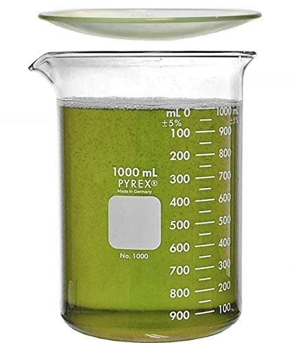 Corning Pyrex 1000-1L, 1000ml Glass Beaker with Corning Pyrex 9985-125, 125mm Watch Glass, Low Form Griffin, Double Scale (Single)