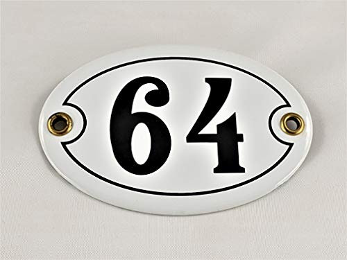 Emaille Hausnummer Schild Nr. 64, oval, Weiß-Schwarz mit Schrauben und Dübel Handarbeit