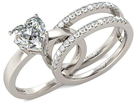 Jeulia 3 Karat Solitaire Ring Set im Herzschliff Damen 2PC Sterling Silber Ringe Zirkonia Ehering Enhancer Guard Ring Jubiläumsversprechen Ringe romantisches Schmuckgeschenk (Silber, 58 (18.5))