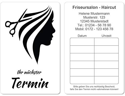 500 Terminkarten bedruckt mit Ihrer Adresse für Friseur Frisör - Kein Stempel notwendig - Inkl. Kartenspender