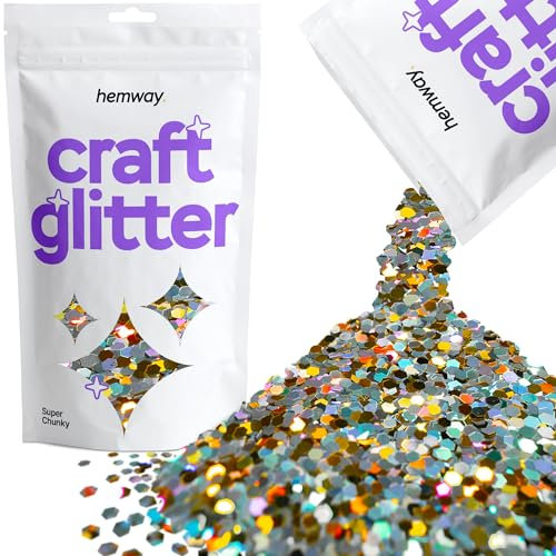 Hemway - Purpurina para manualidades, vasos, resina, epoxi, uñas, cera, álbumes de recortes, cristal, decoración de escuelas: holográfico dorado y plateado, supergruesa (3 mm), 100 g