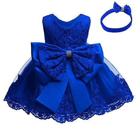Baby Mädchen Prinzessin Blume Besticktes Spitzenkleid Ärmellos Bowknot Tutu Tüll Taufkleider Abendparty Brautjungfer Hochzeit Party Taufe Geburtstag Ballkleid Mit Stirnband Königsblau 3-6 Monate