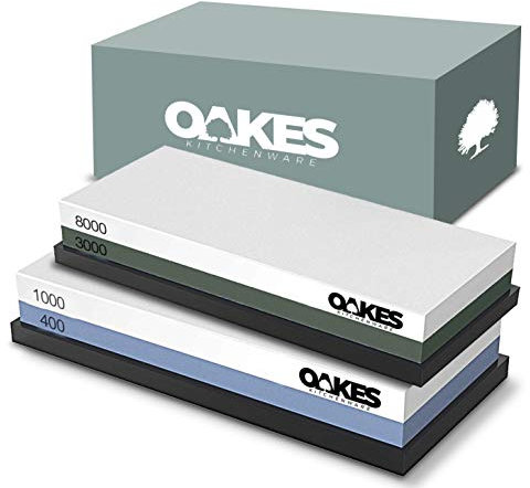 Oakes Premium Whetstone Sharpening Stone Set – Dual-Sided – Coarse/Medium/Med Fine/Fine – 400/1000 and 3000/8000 grit - with Non-Slip Silicone Bases for Kitchen Knives, Tools and More