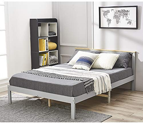 Panana Double Bed, 4ft6, Bed Frame, Solid Pine Wood, Headboard, Low Foot End, Bedroom Furniture (Gray + natural)