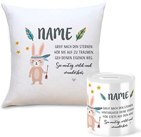 OWLBOOK Boho Hase Geschenkset Kinder Spardose und Kissen Personalisiert mit Namen Geschenke Geschenkideen für Kinder Baby Junge Mädchen zum GeburtstagWeihnachten Einschulung Taufe Geburt Sparschwein