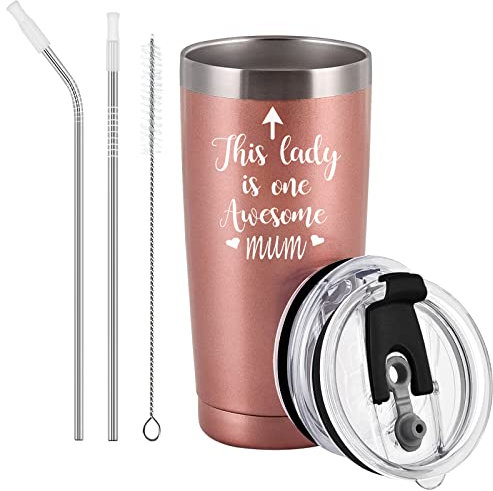 Livole Mum Gifts from Daughter, Mothers Day Presents, Funny Christmas Gifts for Mummy, Mom, Wife, Women, This Lady is One Awesome Mum, 20 oz 600ml Stainless Steel Vacuum Travel Mug with Lid and Straw